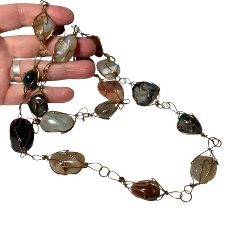Vintage Gold Tone Caged Wire Wrapped Natural Gemstone Statement Necklace 32 Inch - Picture 14 of 20