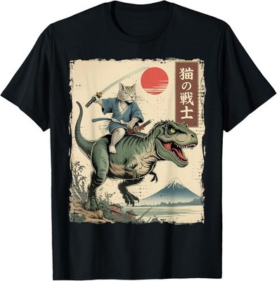 Funny Cat Riding T-Rex Japanese Ukiyo-e Art Samurai Cat T-Shirt  unisex T-Shirt