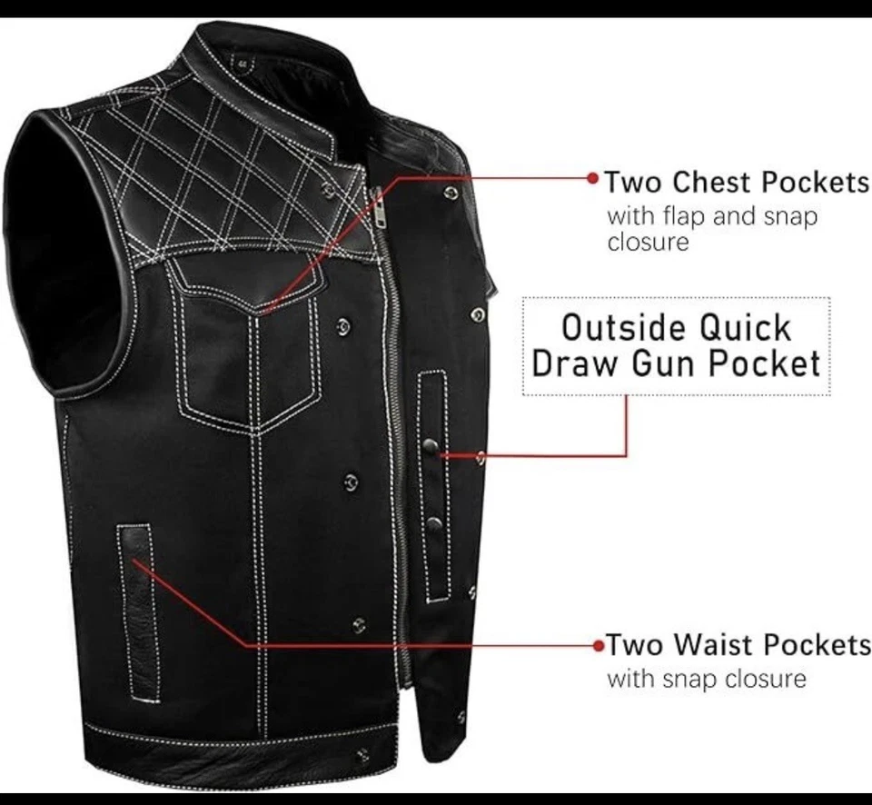 SOA Men's Motorcycle Club Denim & Leather Vest w/ 2 Concealed Carry Pocket - Image 2 of 4