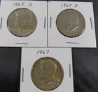 Lot of 3 Kennedy Half Dollars 1967 • 1968‑D (2X) • 40% Silver • Circulated