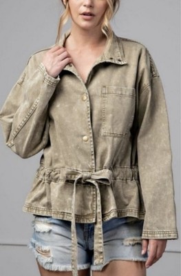 Easel Green Button Front Jacket Collared Drawstring Waist Pockets Women s S