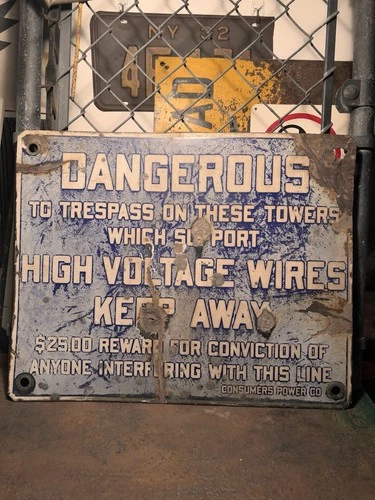 Vintage Consumers Power Co. High Voltage Wires Porcelain Sign Genuine Industrial
