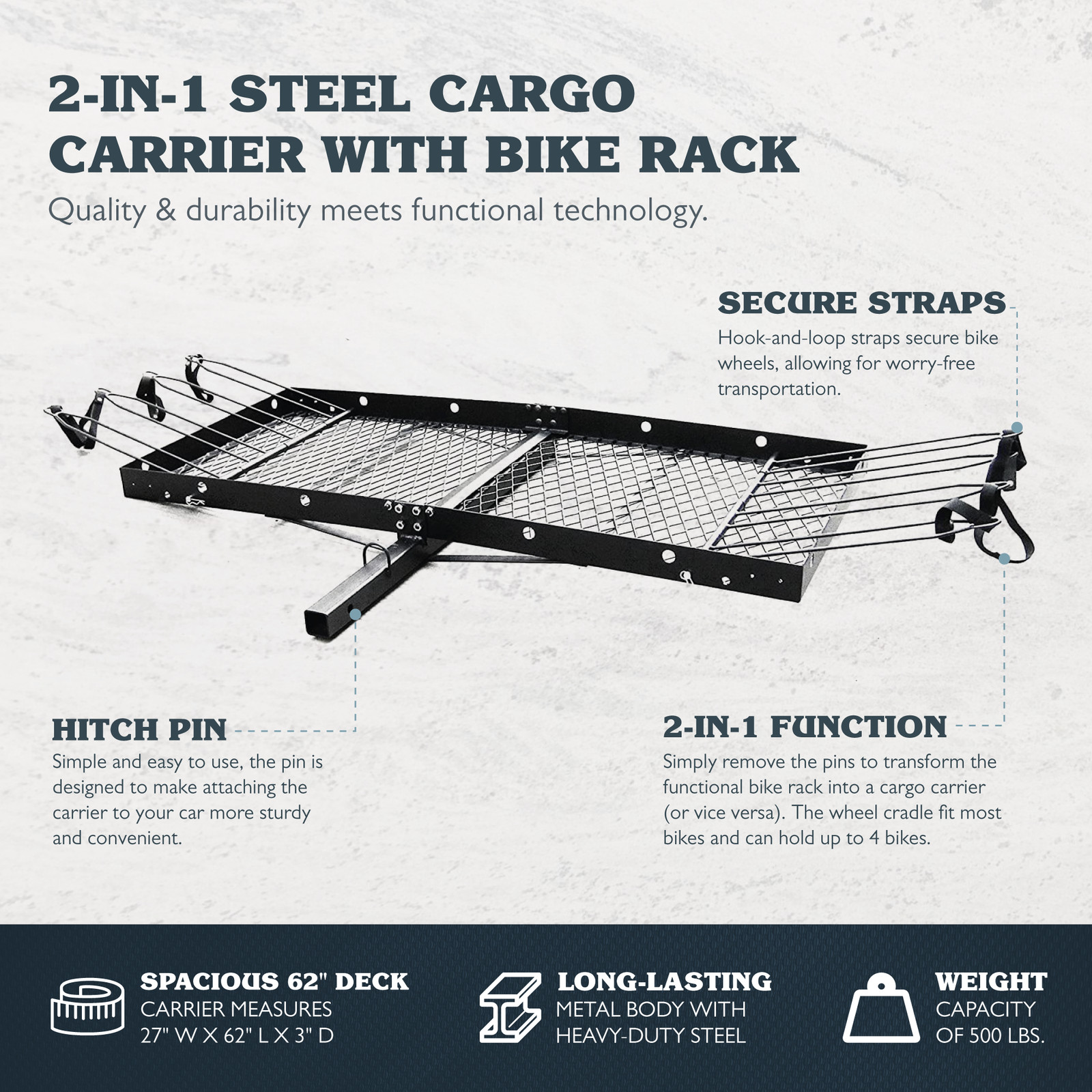 Tow Tuff 62 Inch Steel Cargo Carrier and Bike Rack, Fits All 2in Receivers(Used)