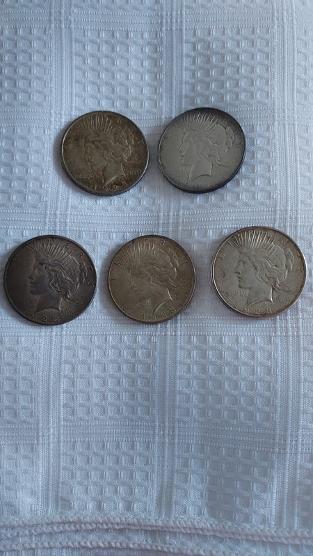 Lot of 5 Morgan/Peace Dollars 1923-D, 1927-D, 1923-P, 1923-S Coins 90% Silver