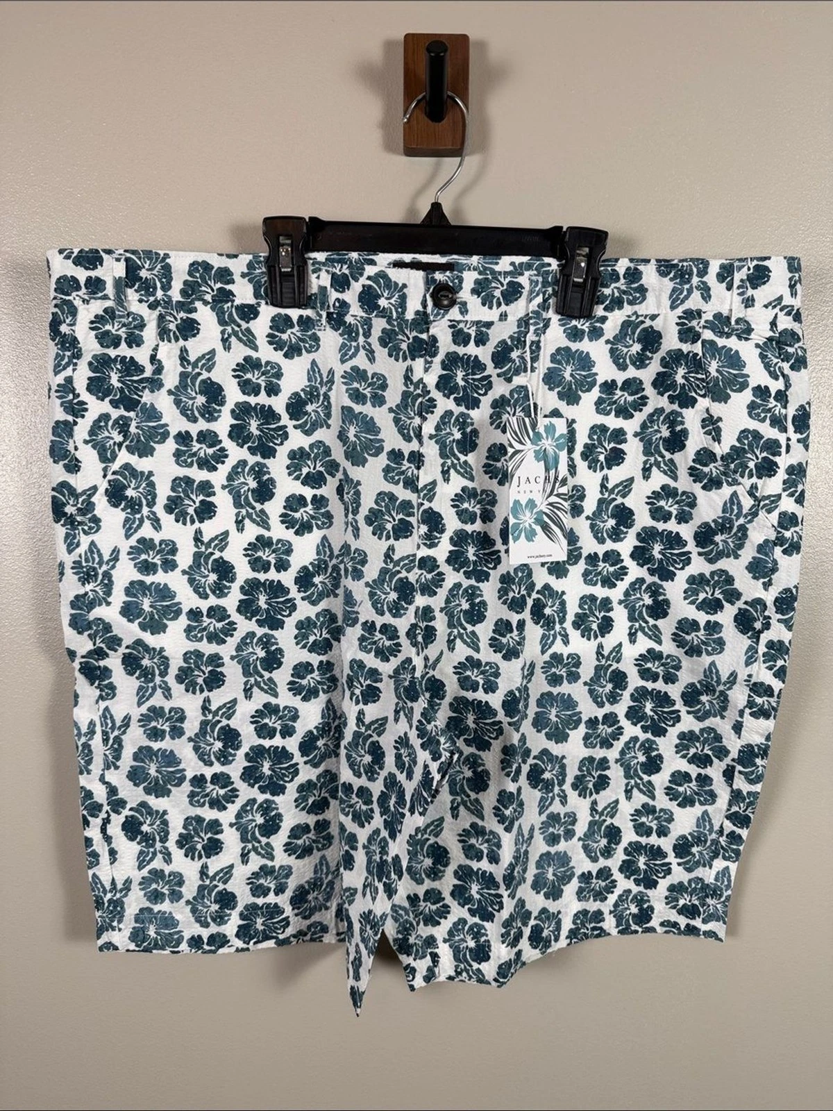Jachs Men's Floral Cotton Shorts - White with Teal Floral Print