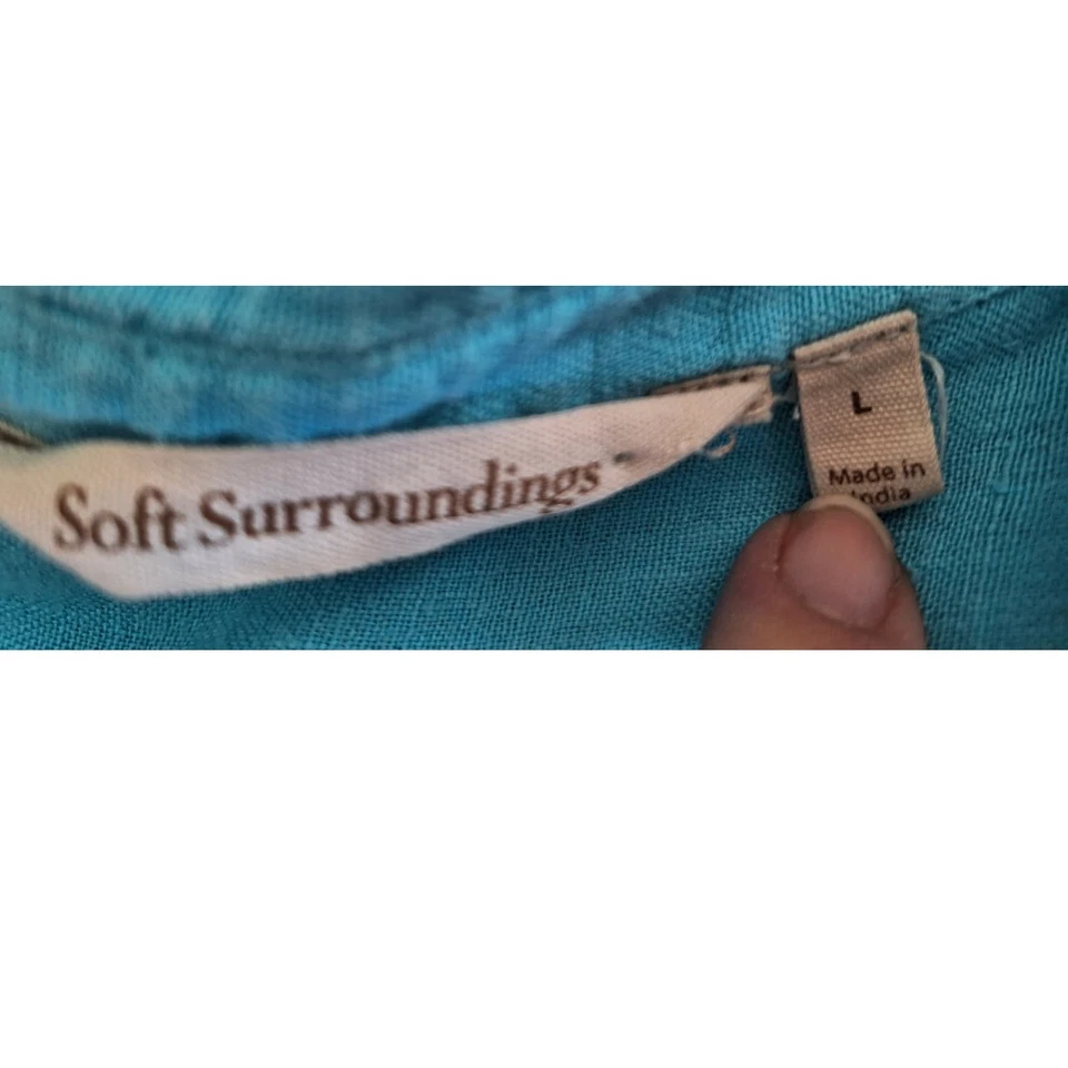 Top Soft Surroundings Mujer Grande Azul Claro 100% Lino Botón Bolsillo Frontal Foto 3 de 4