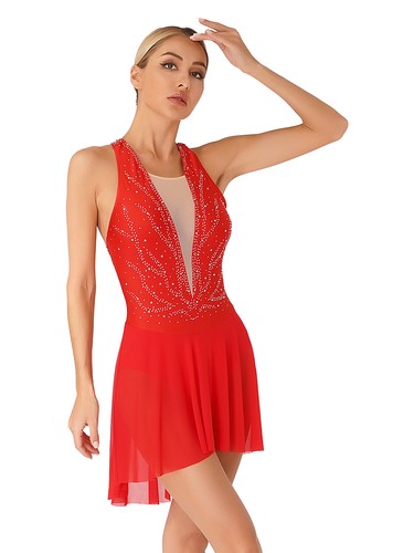 Womens Glittery Figure Skating Dress Lyrical Dance Sleeveless Leotard Dresses - Picture 9 of 63