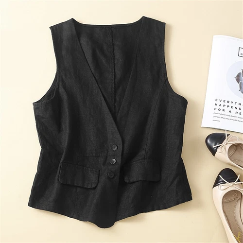 Womens Linen Blend Sleeveless Button Down Top V Neck Waistcoat Vest - Picture 8 of 24