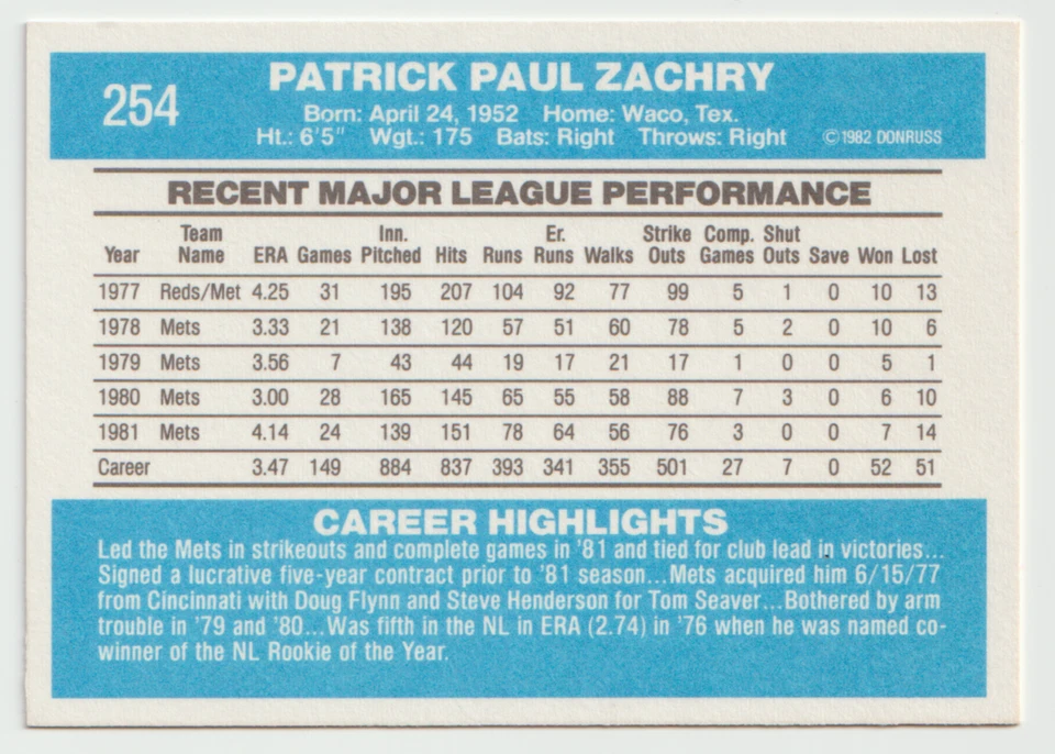 1982 Donruss Baseball #254 Pat Zachry - New York Mets - Image 2 of 2