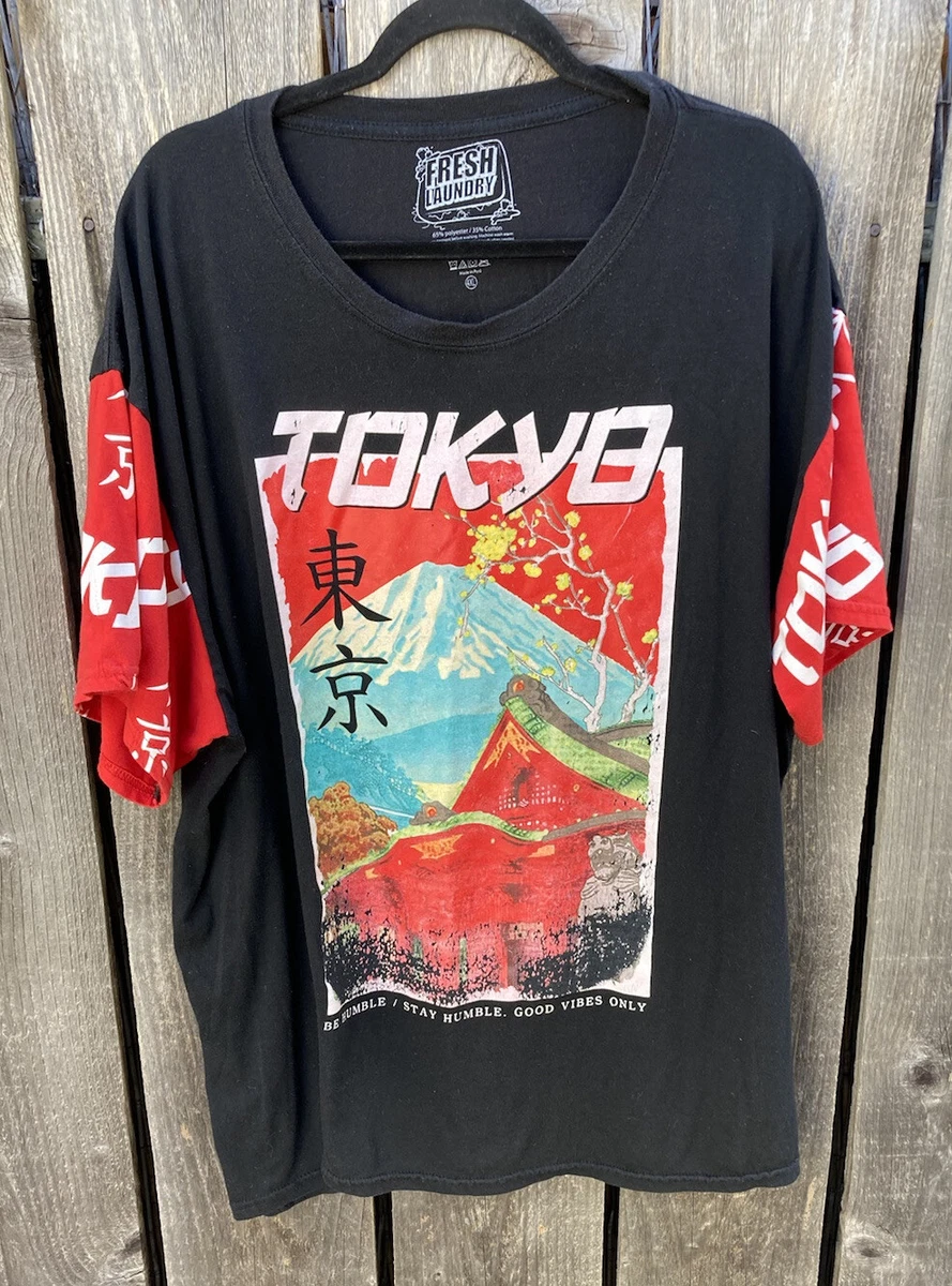 Men s Fresh Laundry Black Tokyo Japan Cherry Blossom T Shirt 4XL Crew Streetwear