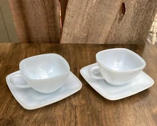 PAIR VINTAGE FIRE KING AZURITE LIGHT BLUE SQUARE CUPS & SAUCERS