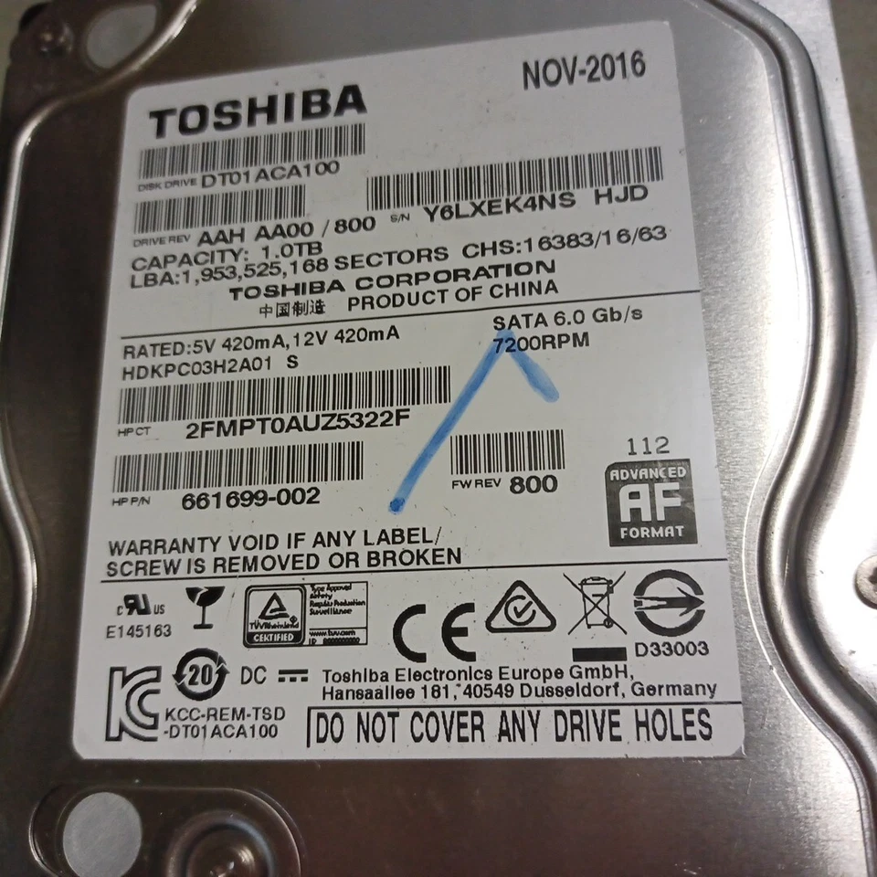 LOT of 7 Toshiba 1TB Hard Drives ST01ACA100 - SATA HDD 7200RPM 6Gb/s - TESTED - Image 2 of 4