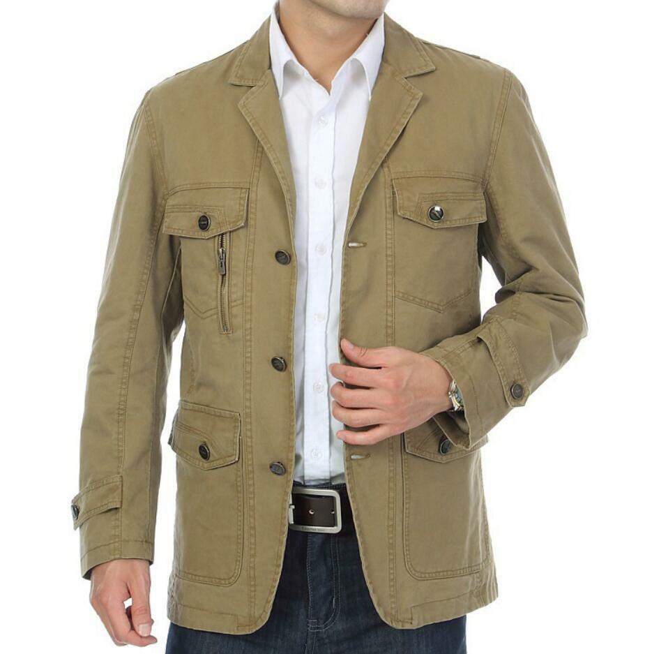 Cargo Men's Cotton Jacket Blazer Coat Casual Slim Fit Multi Pocket Long  Sleeve