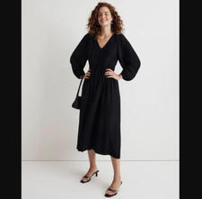 Madewell NEW NWT Womens Petite PXS Black V Neck Empire Midi Dress