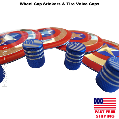 4x Captain America Wheel Cap Hub Sticker Decal 2.20" & 4x Tire Stem Valve Caps - Picture 5 of 6