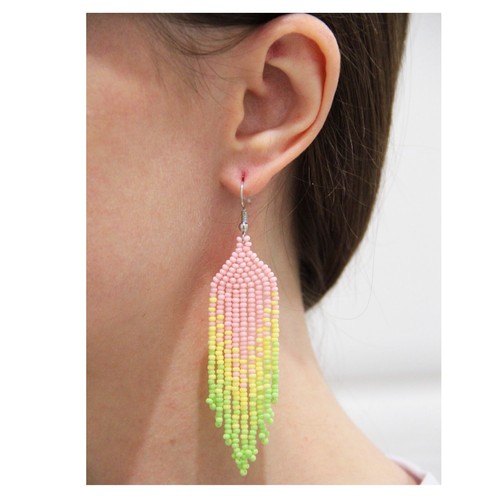 Pink Seed Bead Earrings Long Tassel Native American Style Jewelry Summer Gift - Picture 13 of 13