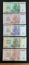 Zimbabwe billion dollars banknotes set of all 5 (1, 5, 10, 20, 50 billion) used