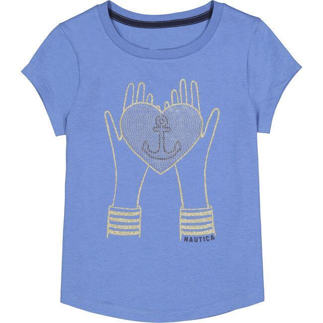 NAUTICA Girls Blue Sz Hands Heart T-Shirt Tee Anchor Sequins