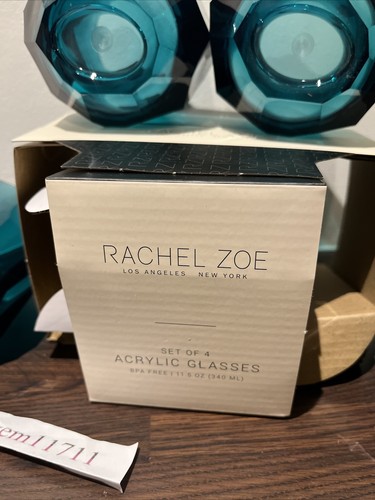 Rachel Zoe Set of 4 TEAL Acrylic Stemless Wine Glass Cut Crystal design New - Picture 11 of 23