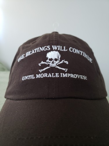 "THE BEATINGH WILL CONTINUE UNTIL MORALE IMPROVES" SMILEY SKULL ADJUSTABLE HAT - Picture 3 of 7