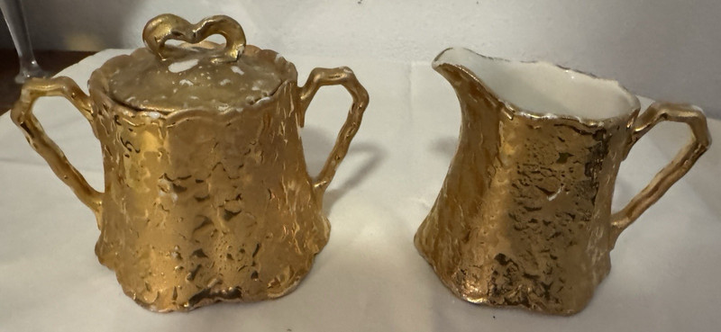 Vintage MCM Dixon Art Studio Weeping Gold 22K China Sugar Bowl w Lid  & Creamer