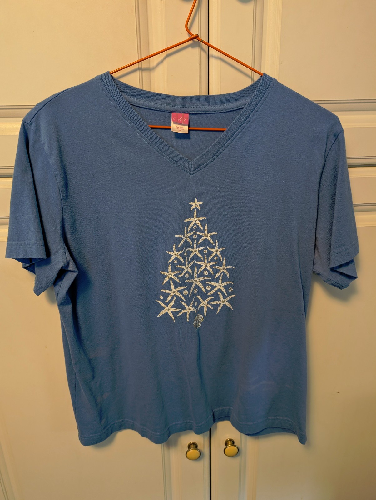 LAT Tee Shirt Top T-shirt Blue Starfish Seashell Tree Size XL 100% Cotton