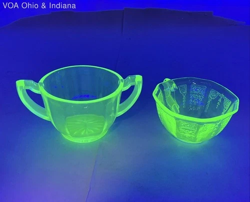 Uranium Depression Glass 2pc Lot Green Sugar Bowl & Cup Vaseline Vintage