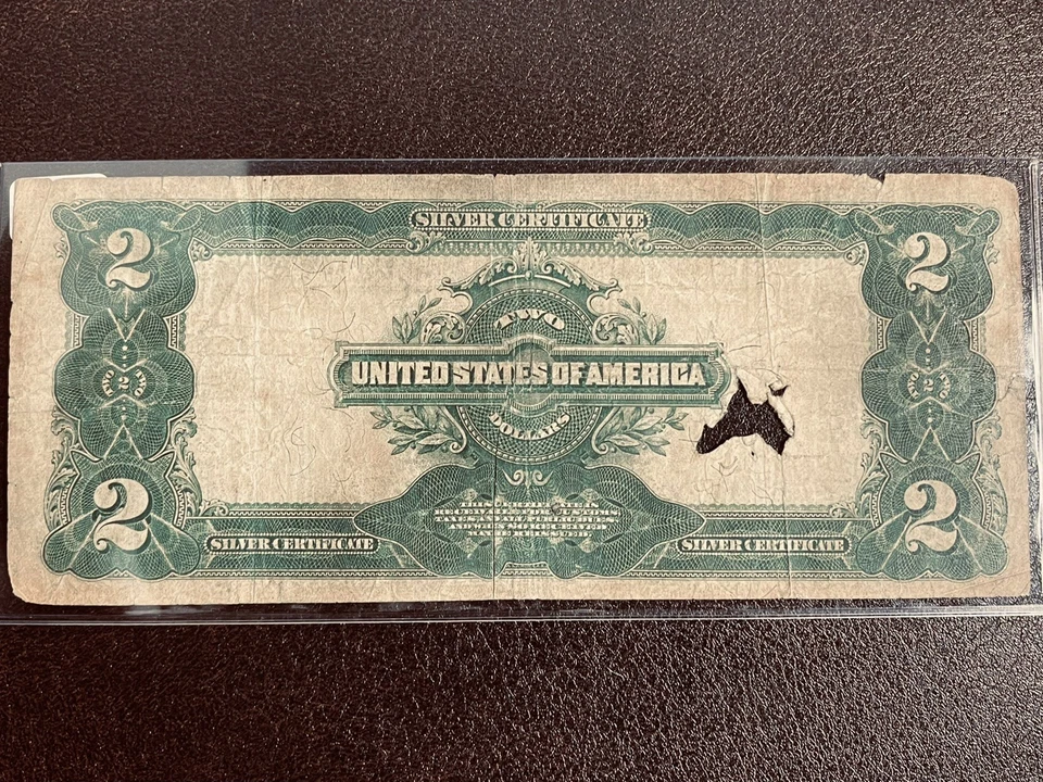 1899 $2 TWO DOLLARS SILVER CERTIFICATE NOTE "MINI PORTHOLE" Washington Blue Seal - Image 2 of 2