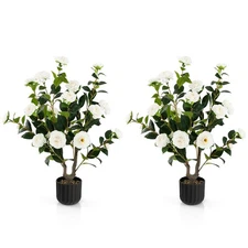 2-Pack 38" Artificial Camellia Tree Decor Faux Floral Plant in Cement Pot White