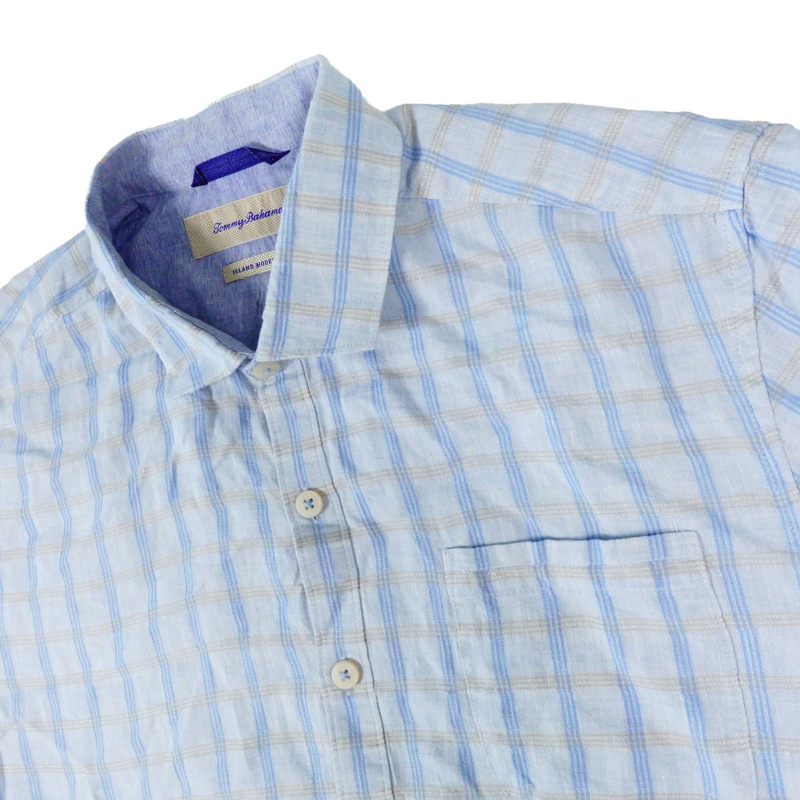 Tommy Bahama Linen Check Island Modern Fit Button Up Short Sleeve Shirt Large