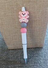 Beaded PEN Teddy Bear Light Pink Bear on white Pen  Refill Custom New Handmade