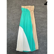 Love J Strapless Colorblock Maxi Dress Medium Teal Tan White Jersey Knit