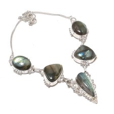 Collier pierre précieuse labradorite feu bleu chaîne réglable bijoux 18" SN 3109