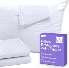 Set of 4 Pillow Protectors with Zipper Standard Size - 100% Standard, White 