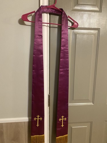 “silk” Church Clergy Stole For Pastor/bishop/choir Purple,gold Crosses W/fringe