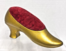 Vintage Heavy Antique Gold Painted Cast Metal High Heel Shoe Pin Cushion