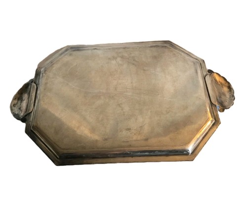 03L3 GRAND ANCIEN PLATEAU DE SERVICE EN METAL ARGENTE DECOR COQUILLES ET GODRONS - Photo 3 sur 12