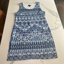 Allison Britney Womens Large Sheath Dress Sleeveless Eyelet Blue Geo Print Lined