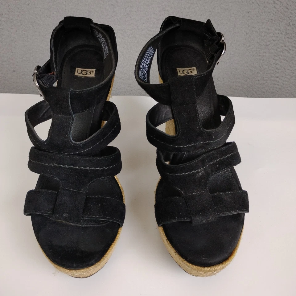 Sandalias UGG Australia Mujer 9 Lauri Cuña Negro Gamuza Gladiador Alpargata Tacón Foto 2 de 4