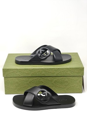Gucci Black Leather Sandals Cross Slides GG Men's Arab UK 7 US 8