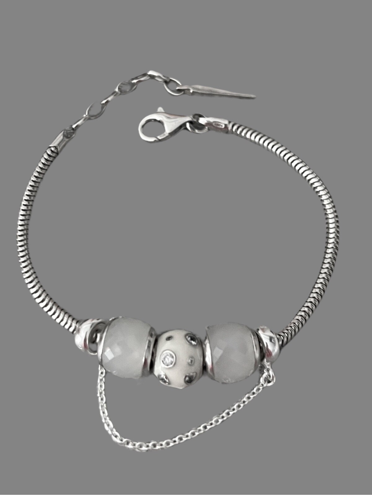 Bracelet charms Murano perles blanches argent 925/000 ajustable femme 18-21cm