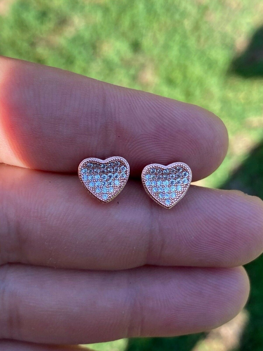 14k Rose Gold Plated Real 925 Silver Heart Shaped Earrings Icy CZ