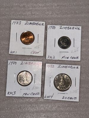 Zimbabwe Coins Lot 1, 5, 10, 20 Cents 1980 - 1983 KM1 KM2 KM3 KM4