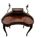 Antique French Desk Kidney Shape Four Drawers Brass Ormolu Inlays Petite Size