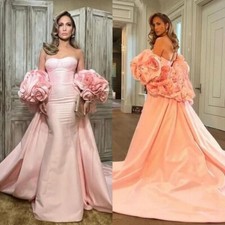 Pink Mermaid Evening Dresses Detachable Train 3D Flowers With Cape Party Gowns