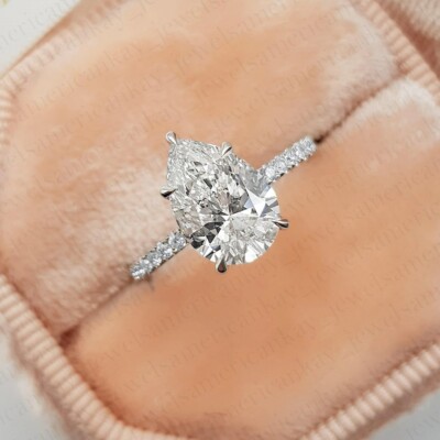 2.30Ctw Pear Cut Moissanite Hidden Halo Engagement Ring 14K White Gold Plated