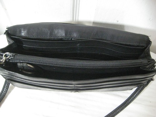Vintage Perlina New York Black Leather Organizer Crossbody Purse Bag - Imagen 10 de 14