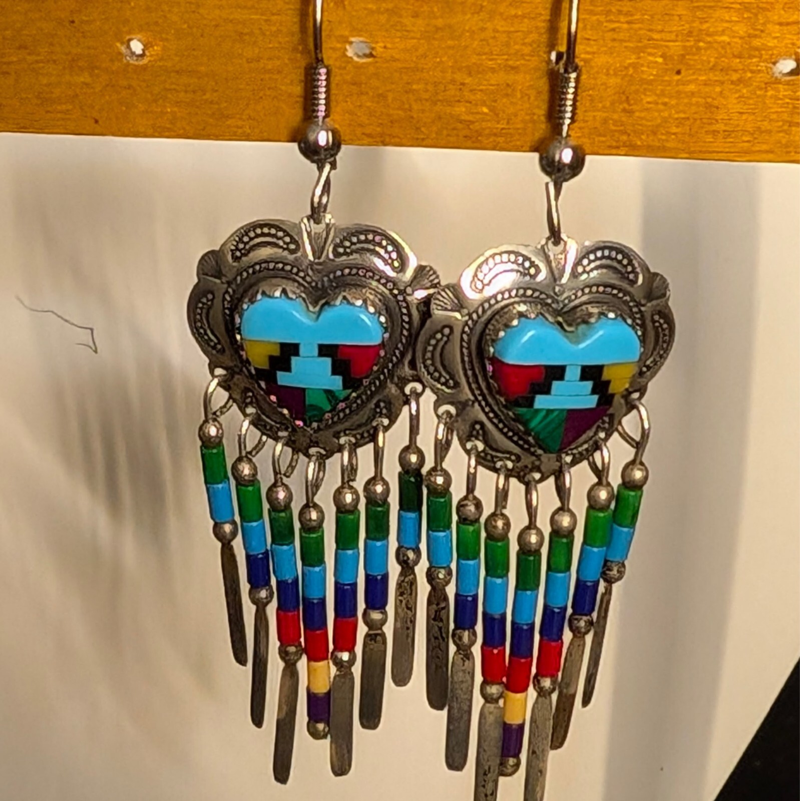 Sterling Silver Multi-Stone Inlay Dangle Drop Ear… - image 1