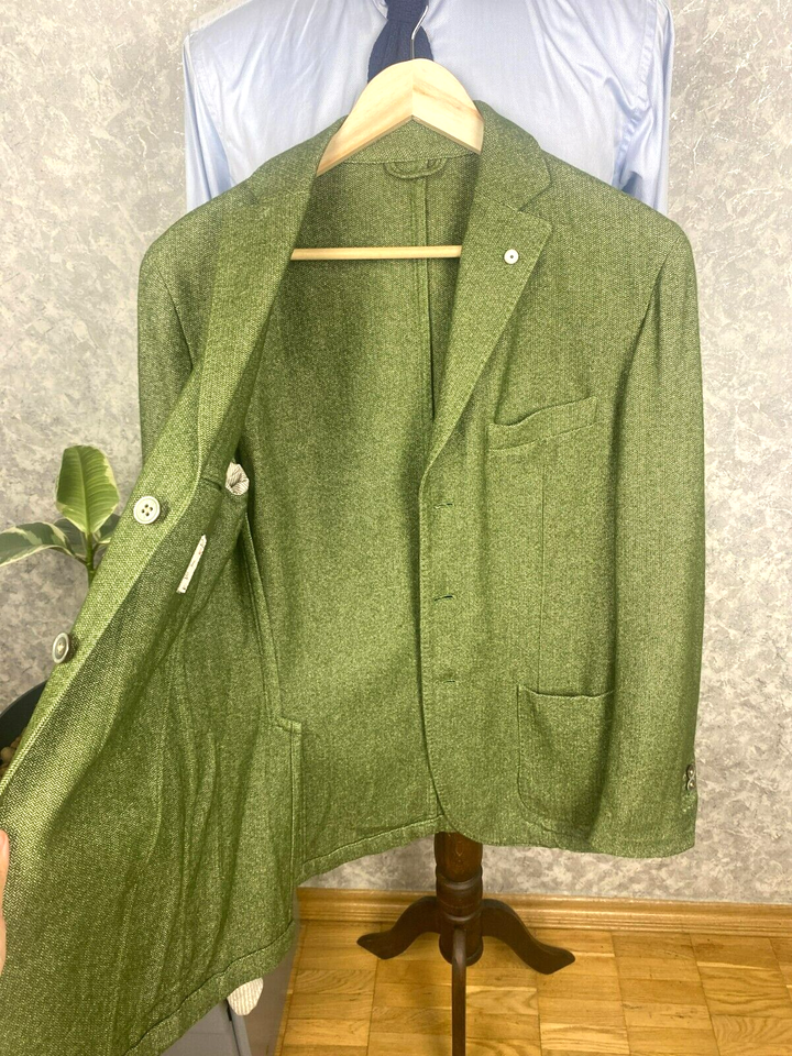LBM 1911 Green Herringbone Wool Cotton Unlined Patch Pockets Blazer 38