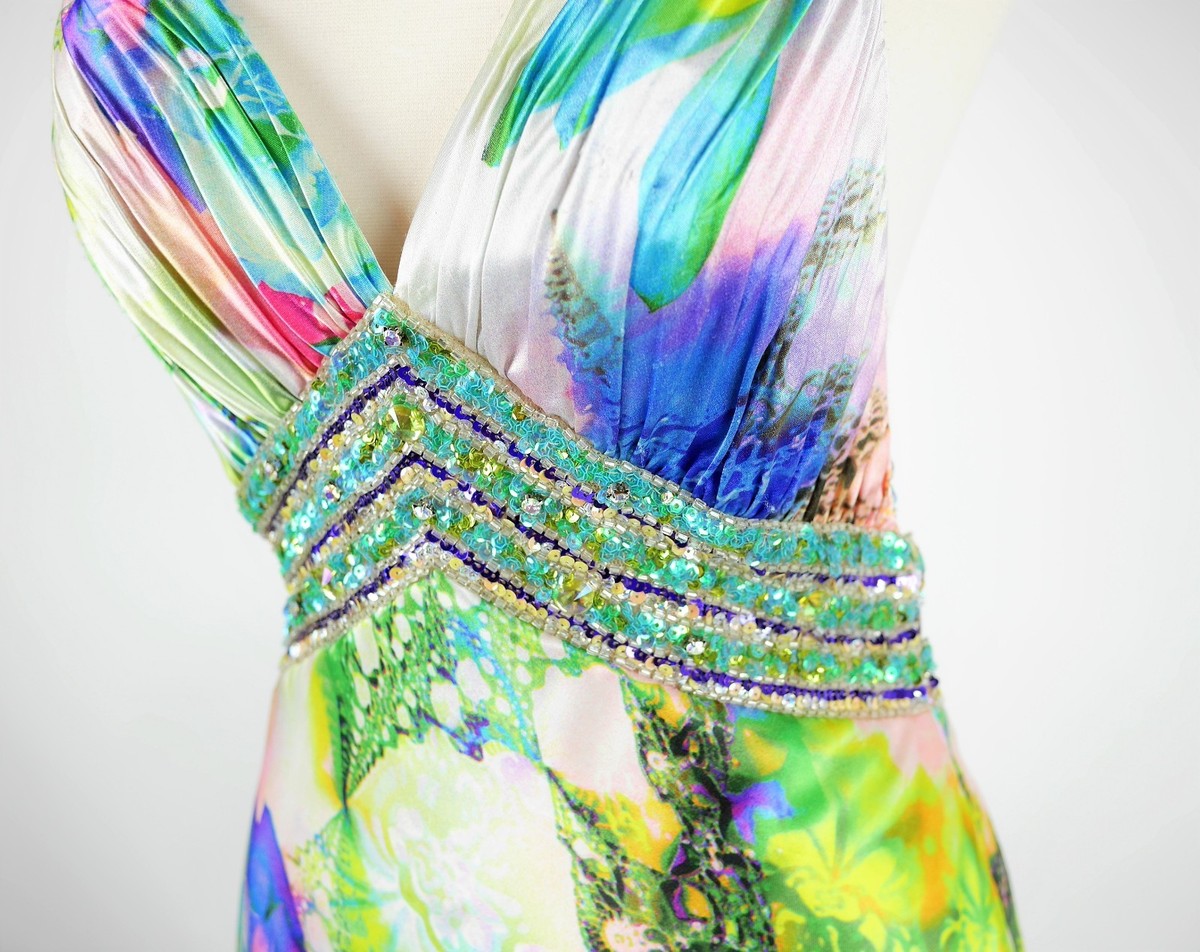 Tiffany Designs Women's Green Purple Jeweled Satin Blouse